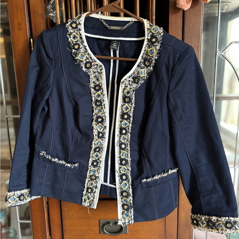 White House Black Market Blue and White Blazer with Decorative Trim